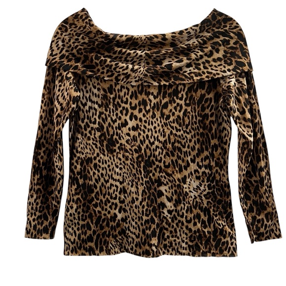 CHICO’S TOP, Size 0 / S, Tan & Brown Long Sleeve Animal Print Off the Shoulder - Picture 6 of 12